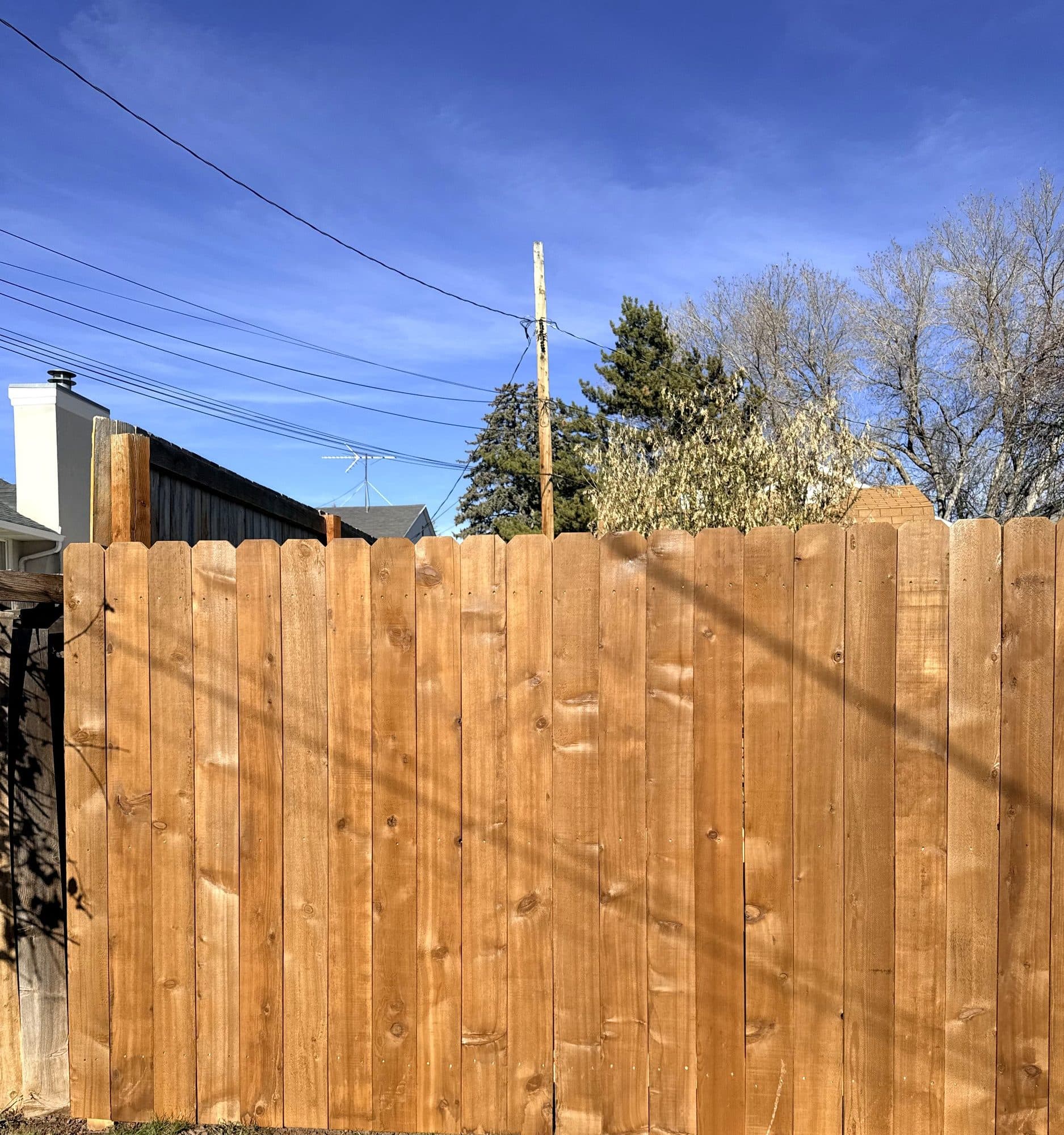 Tall cedar privacy fence against a blue sky