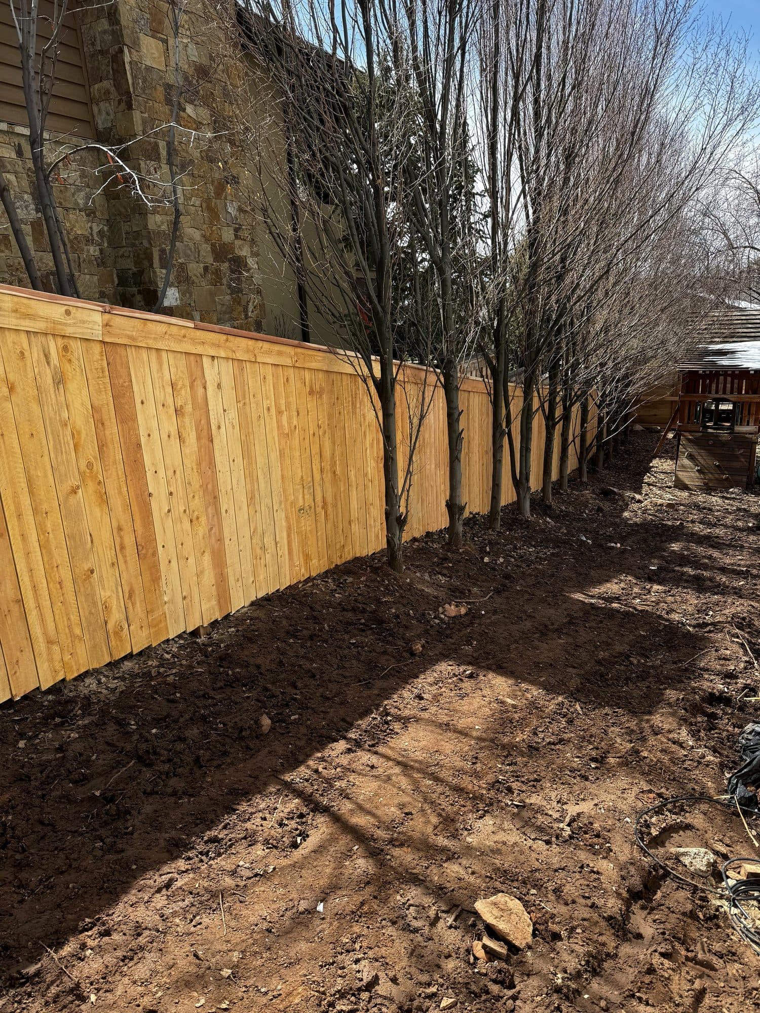 Long cedar privacy fence along a row of trees