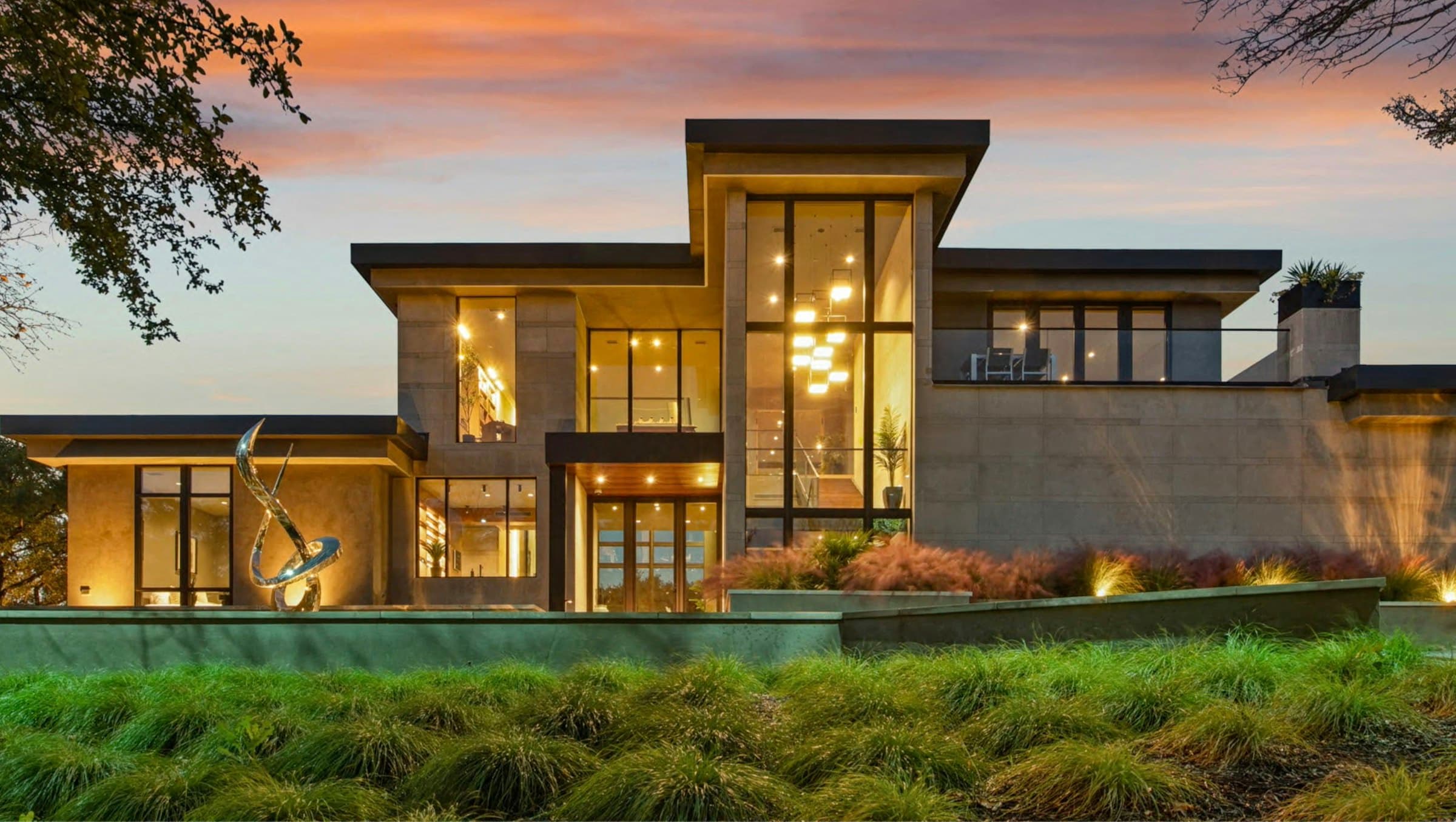Modern luxury home at dusk in the Salt Lake Valley