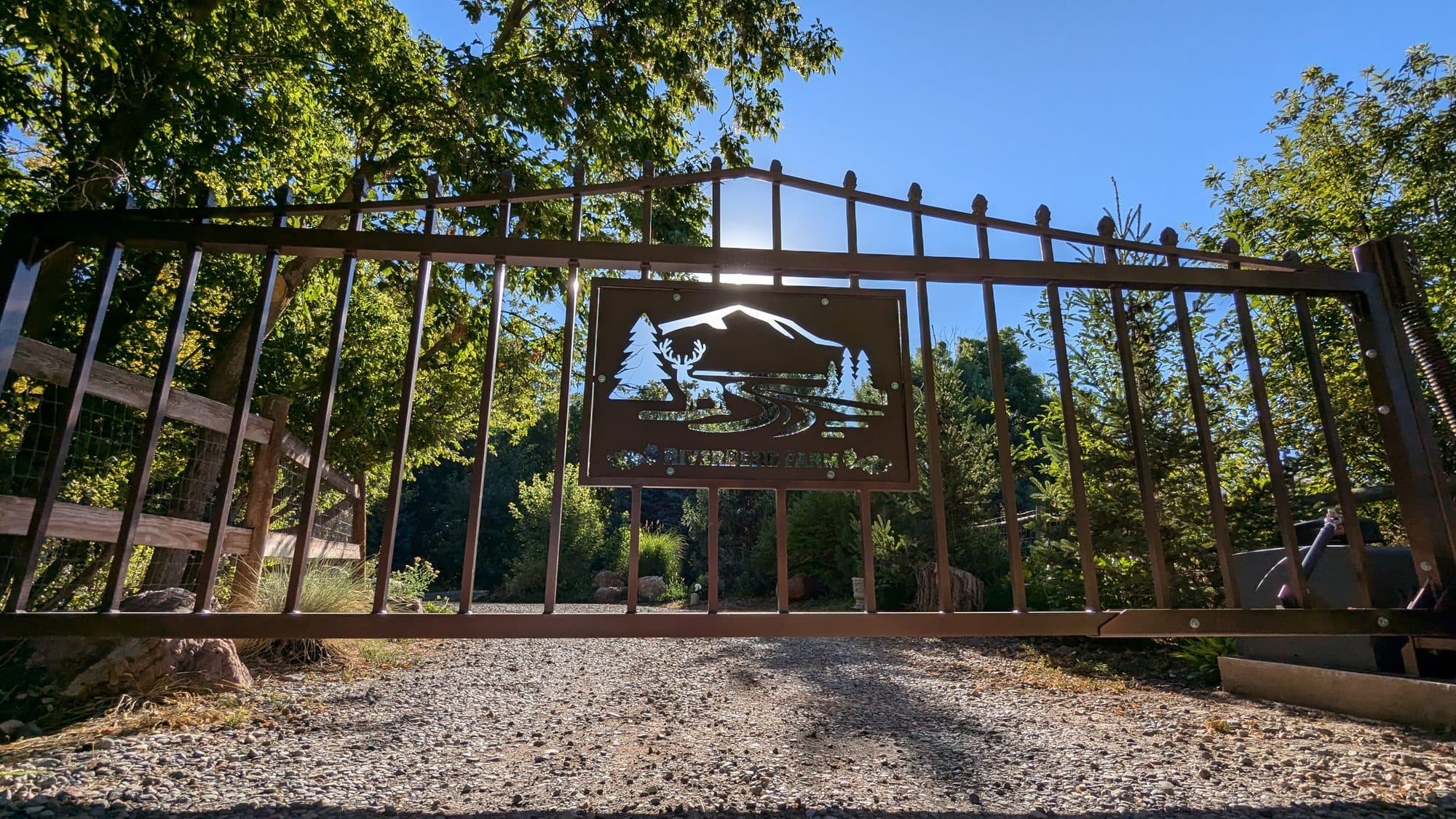 Iron gate with a custom laser-cut mountain and elk panel