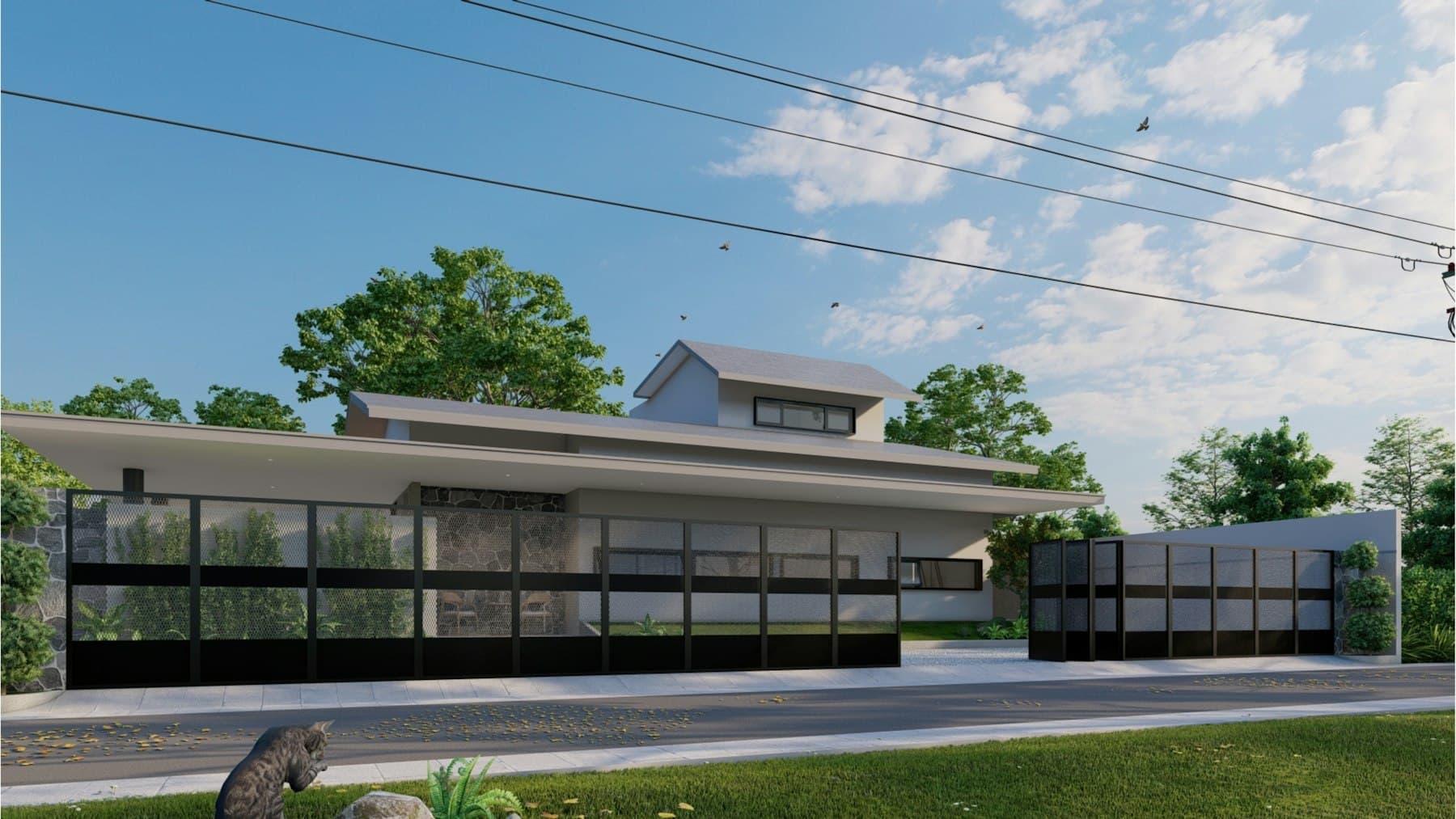 Black horizontal slat fence and gates at a modern home